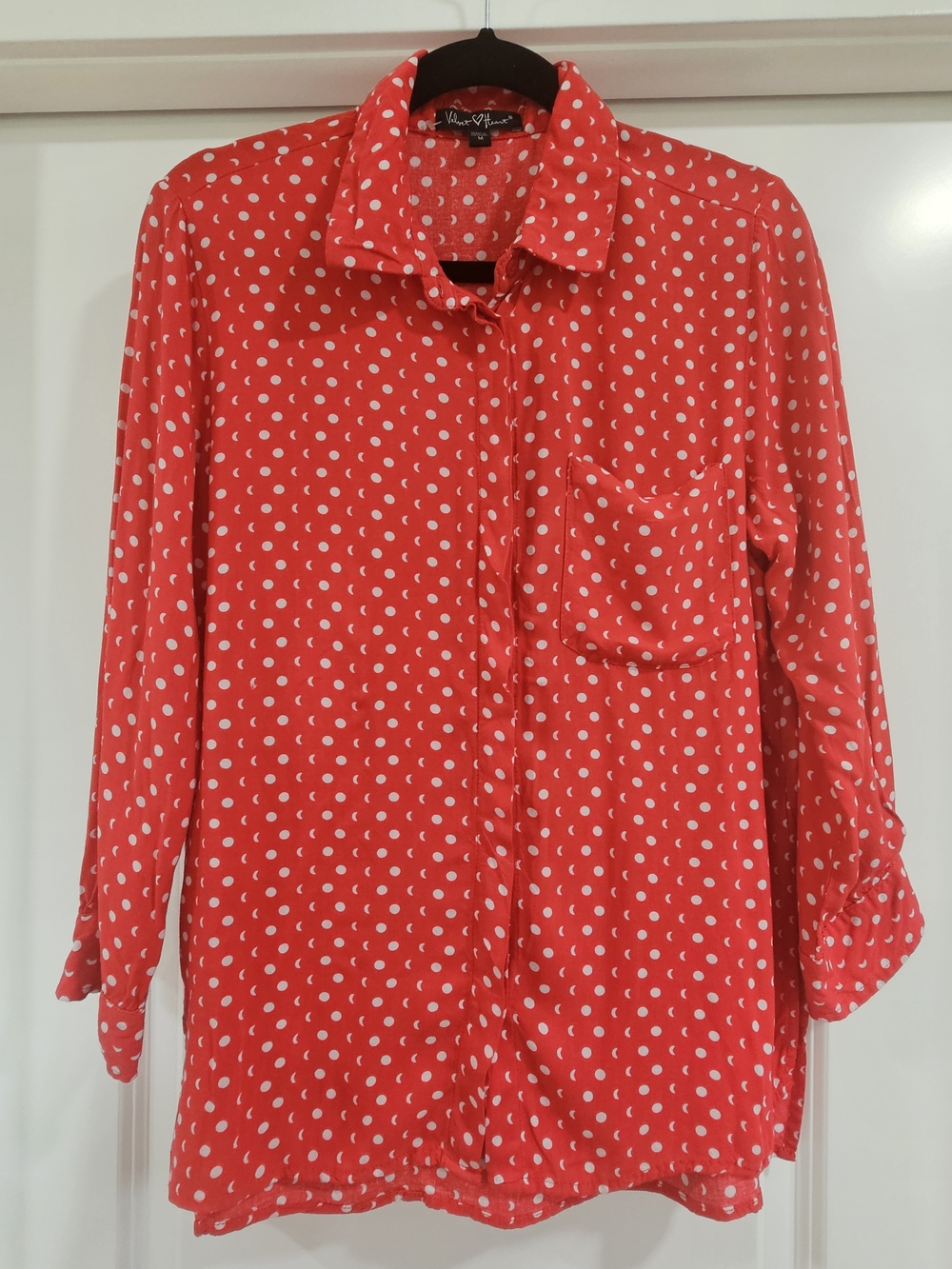 Velvet Heart Women's Red/White Moon Button-Up Collared Blouse Long Sleeve M